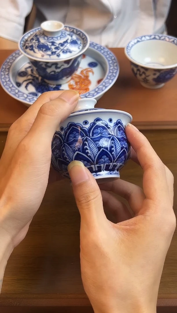 问青坊纯手工手绘青花曼陀罗柴窑二才盖碗