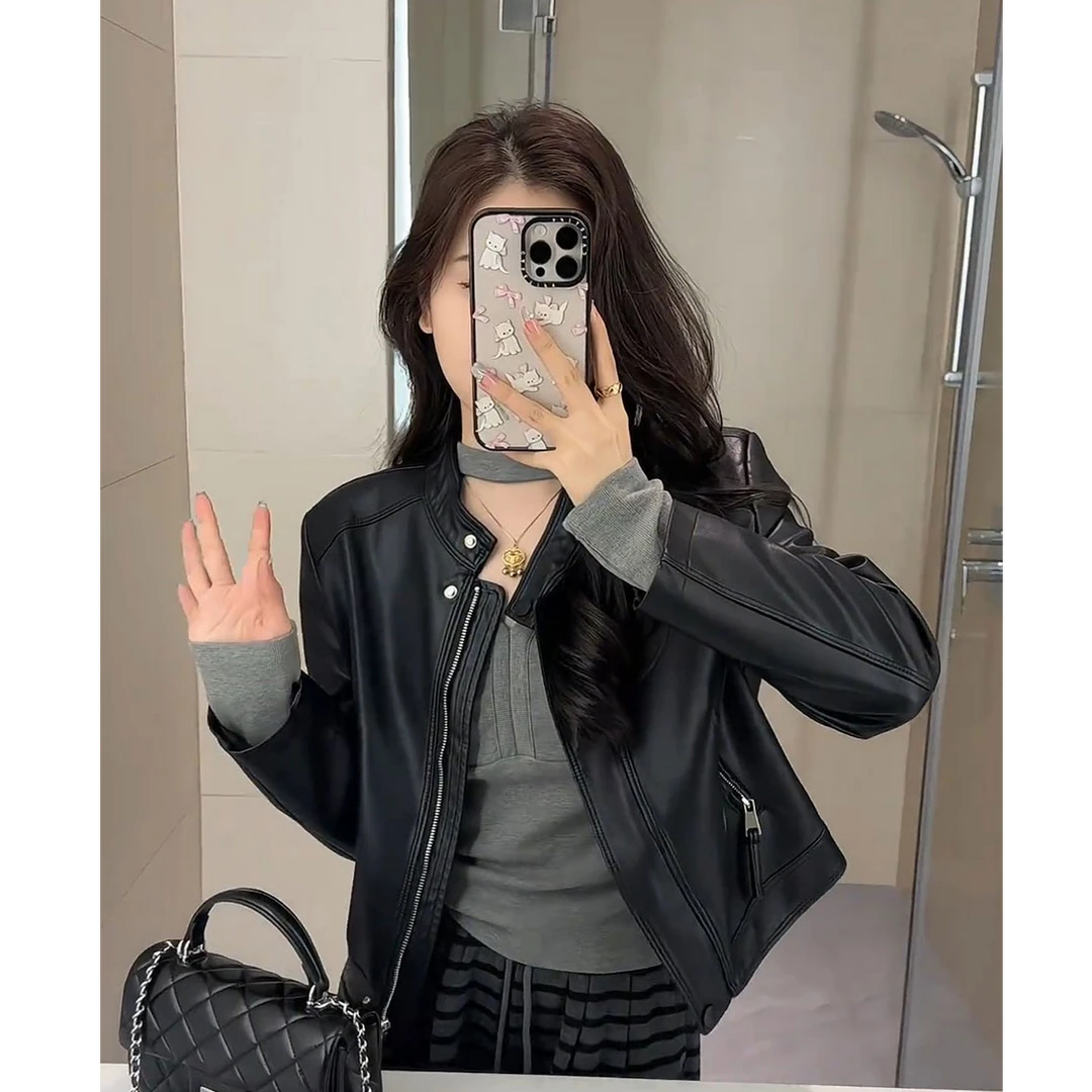 韩版高级感立领小皮衣外套女2025春季新款小个子时尚百搭短款上衣