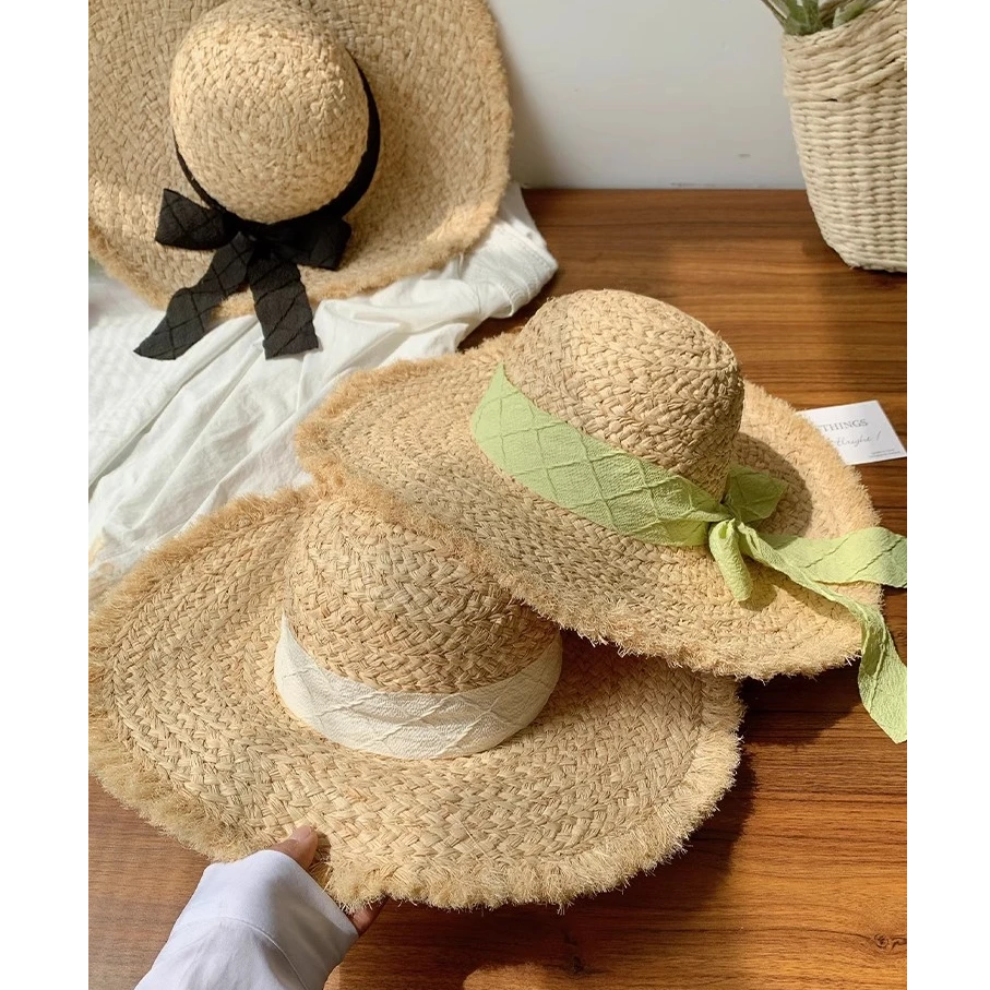 法式蝴蝶结拉菲草帽女夏季大帽檐遮阳防晒帽海边沙滩度假编织帽子
