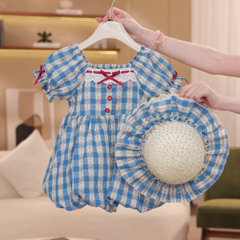 女童洋气新款法式泡泡袖蓝色格子洋气公主裙女宝连衣裙SL0202