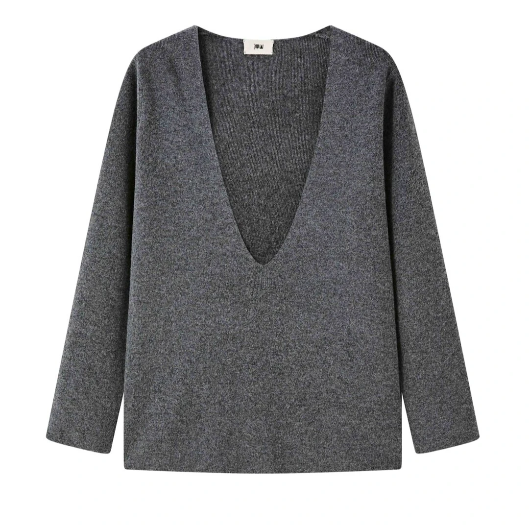 东黎&罕山 混纺女士深V套衫百搭长袖休闲宽松潮牌时尚