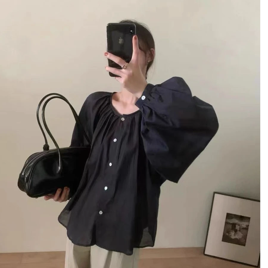 极简宽松纯色纯棉衬衫时尚女新款慵懒风休闲黑色长袖衬衣上衣