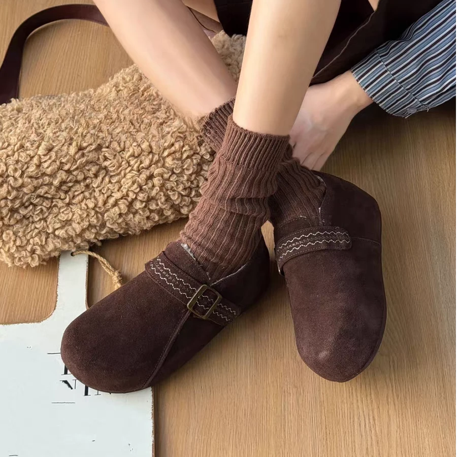 【MY SHAN】冬季新款加绒内增高磨砂皮一脚蹬带装饰圆头勃肯鞋9682