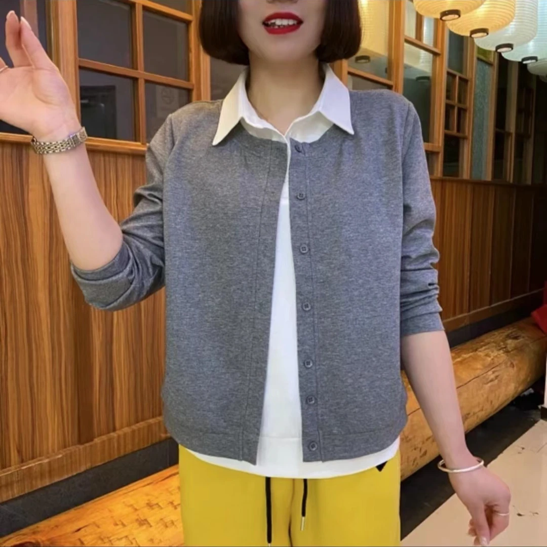 《专柜品质》春季新款气质时尚休闲百搭假两件开衫女士长袖卫衣W