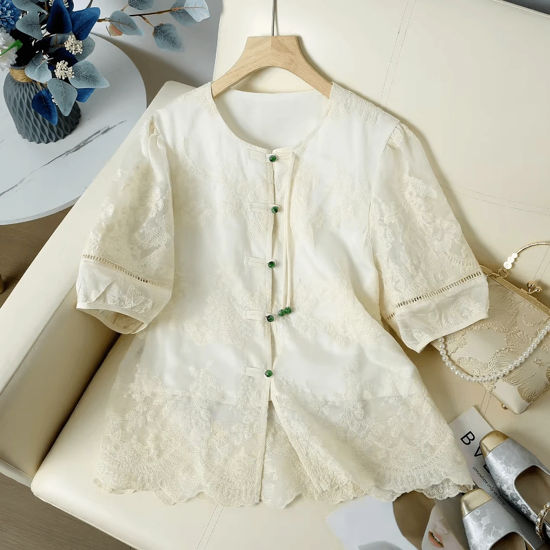 2025夏季新款衬衫女显瘦气质时尚新中式复古提花绣花中国风