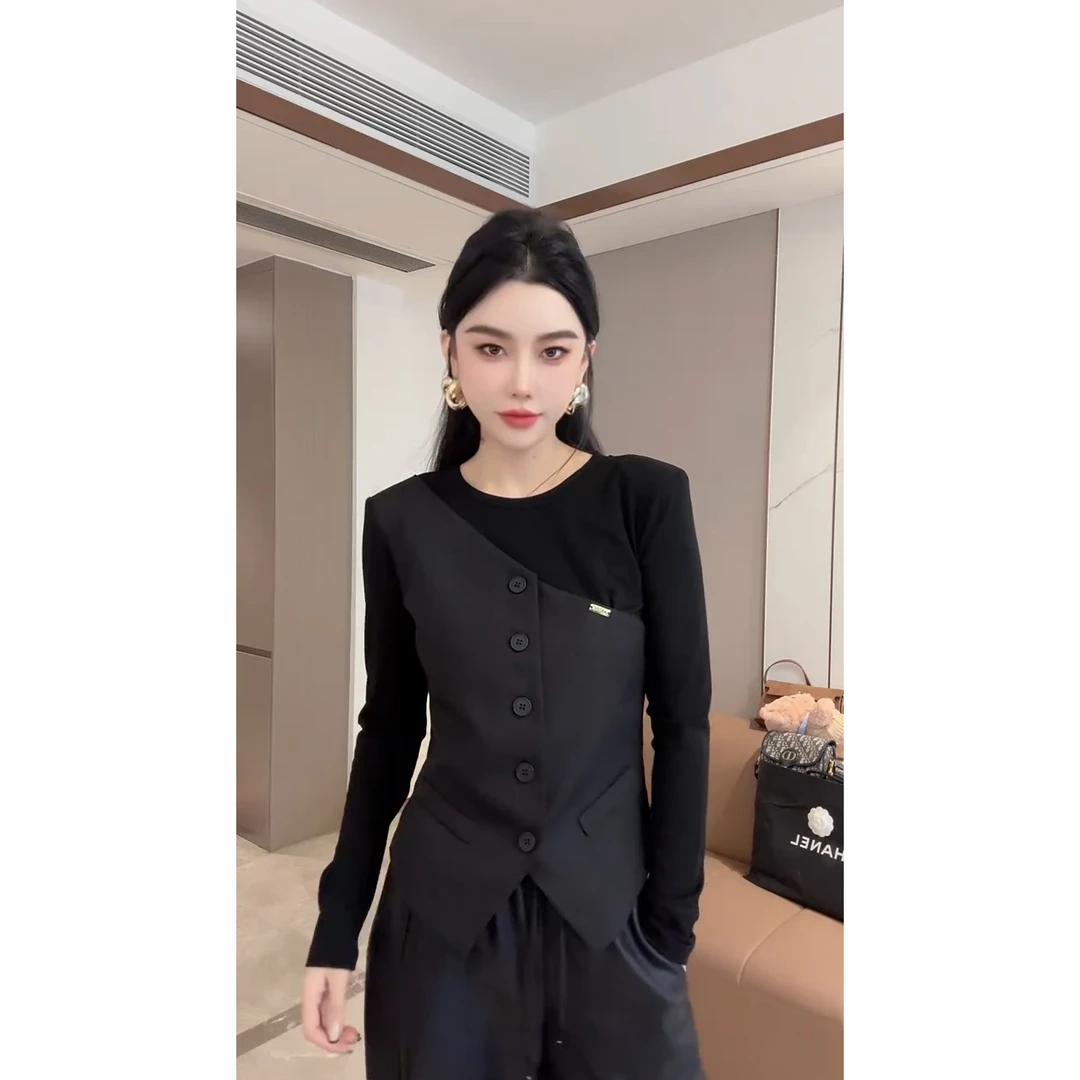 网红爆款时尚气质拼接假两件上衣打底衫百搭修身显瘦小众设计感