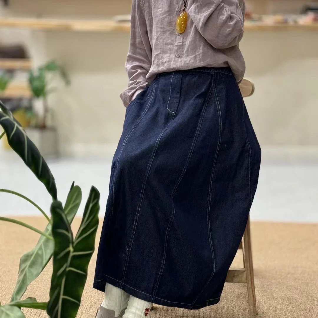 小镇姑娘系扣高腰厚款A字裙明线半身裙时尚百搭休闲春季花苞宽松