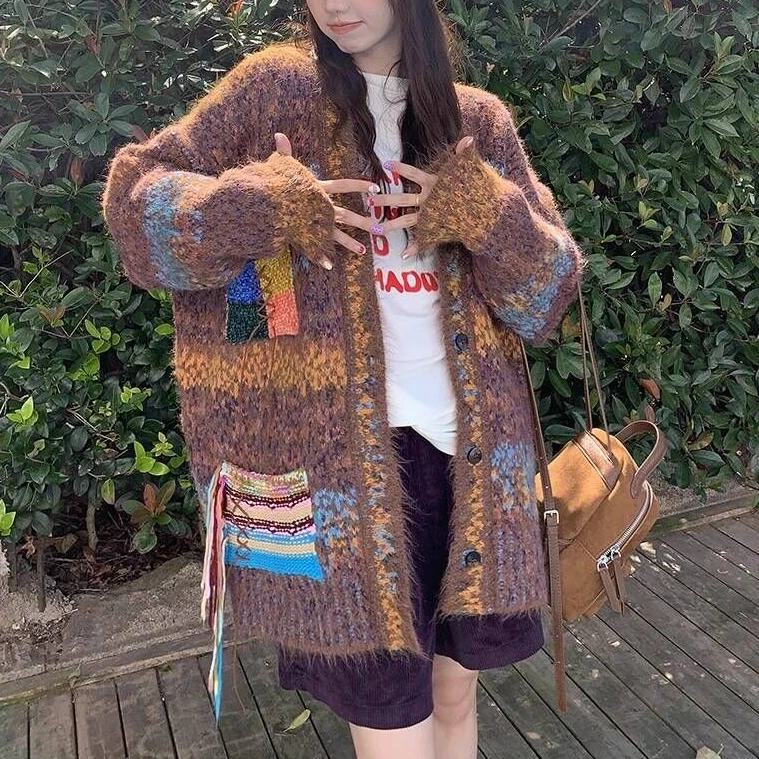 2025秋冬新款法式气质复古拼色民族风针织开衫毛衣外套女慵懒宽松