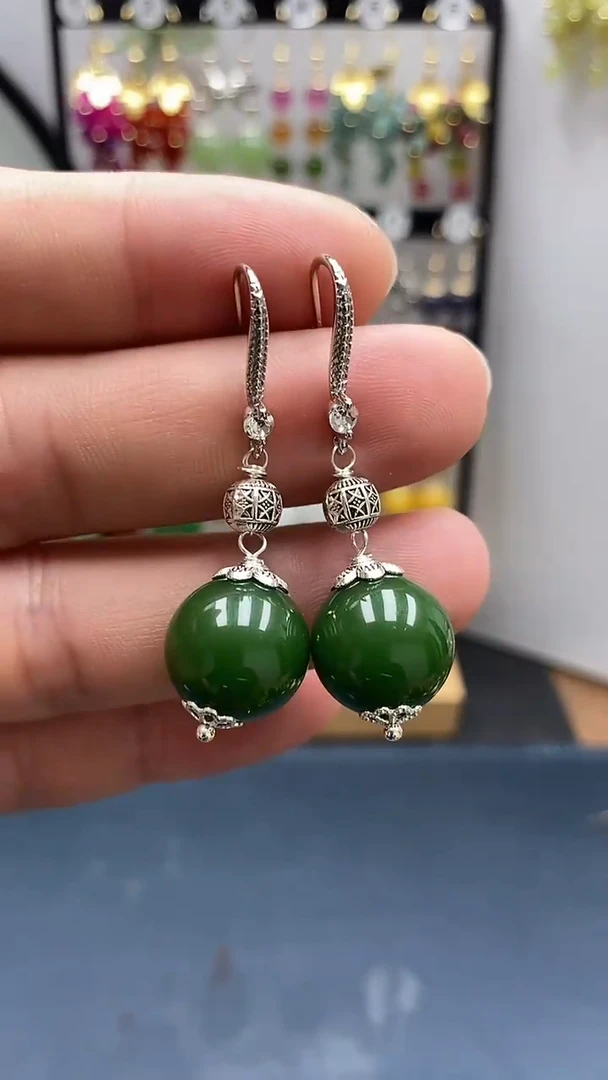 和田玉银S925镶嵌耳饰尺寸14mmA3