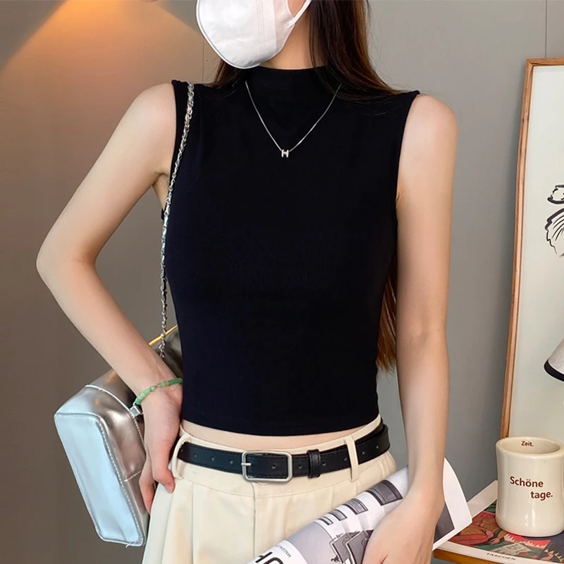螺纹黑色半高领吊带背心女春夏修身外穿短款内搭无袖显瘦打底上衣