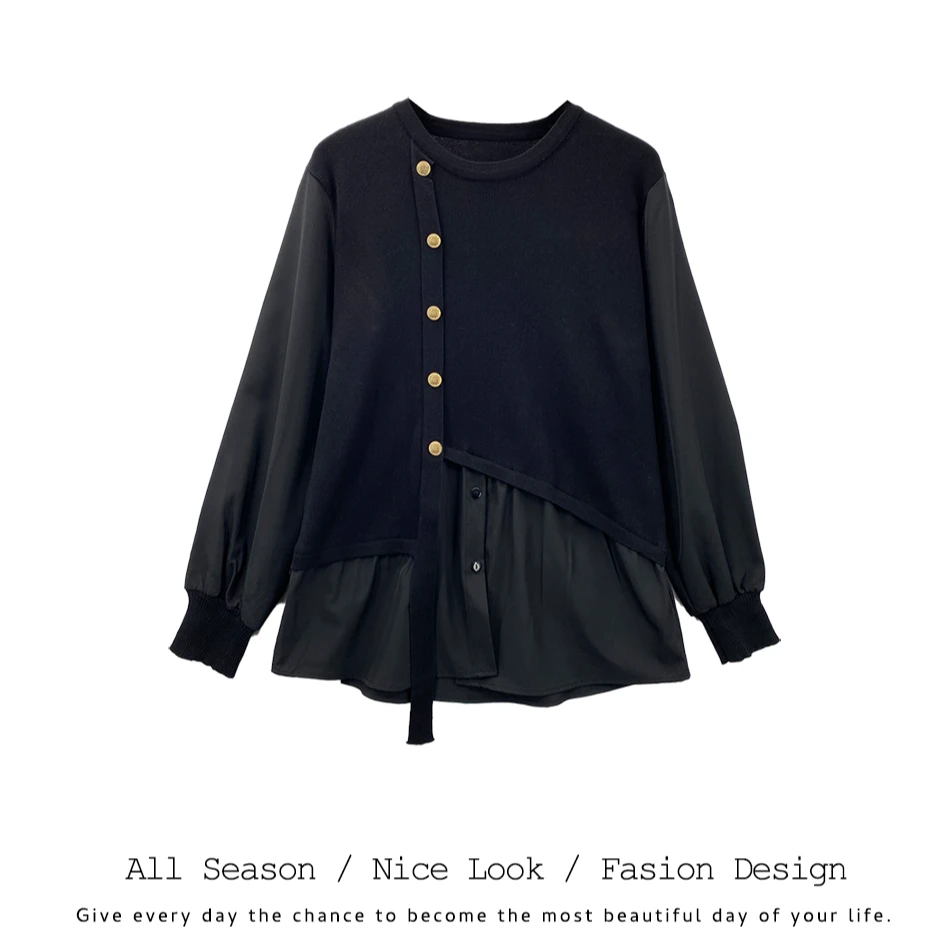 623       时尚黑色不规则马夹拼接假两件圆领长袖     款号#7327