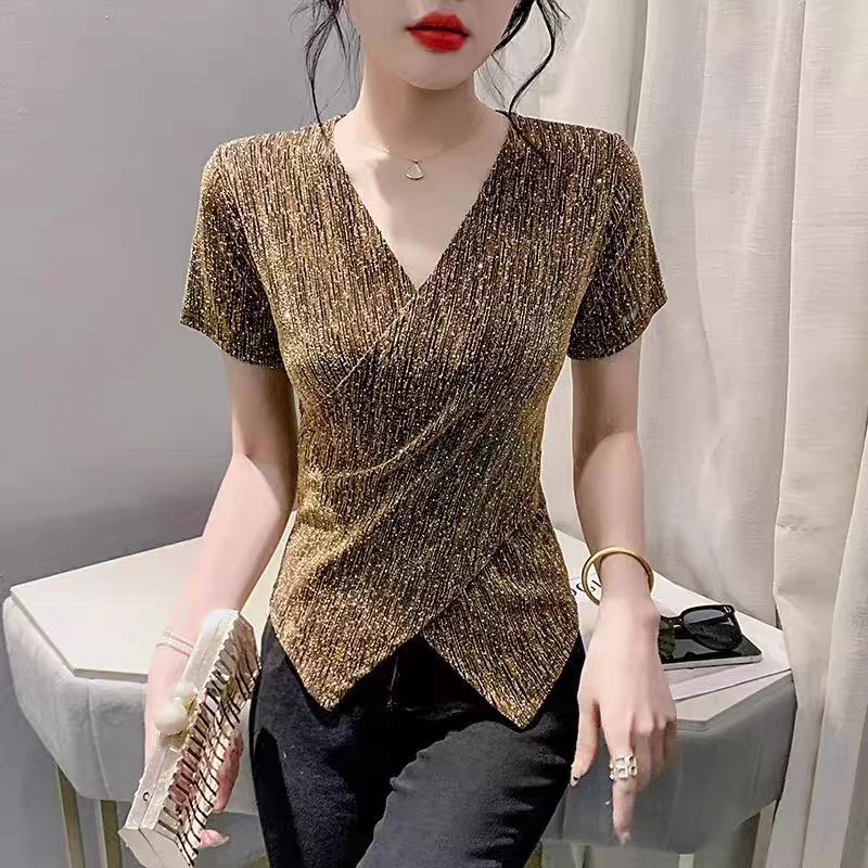 欧洲站V领t恤女金色欧货小衫时尚性感重工烫钻洋气短袖上衣女