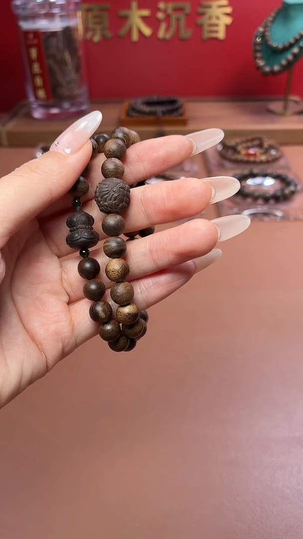 沉香手串沉水越南富森红土瘿子瘤疤08两圈设计款