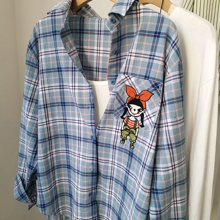 纯棉刺绣蓝色格子衬衫女2025春季新款百搭宽松叠穿格纹女衬衣上衣