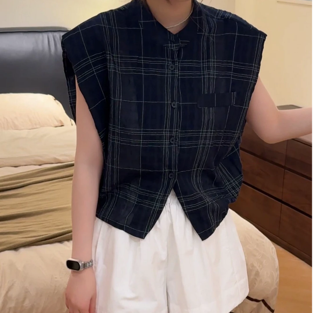 【彩丽家】复古撞色格子无袖衬衫女夏天垫肩廓形法式短款洋气上衣