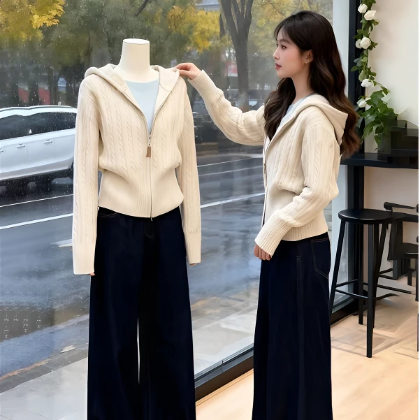 毛衣外套女秋冬2025新款超火韩系慵懒高级感连帽拉链针织开衫上衣