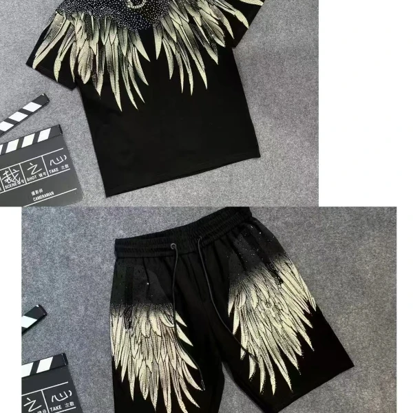 潮牌新款翅膀短袖+短裤满钻图案黑白烫钻短袖男女同款圆领休闲