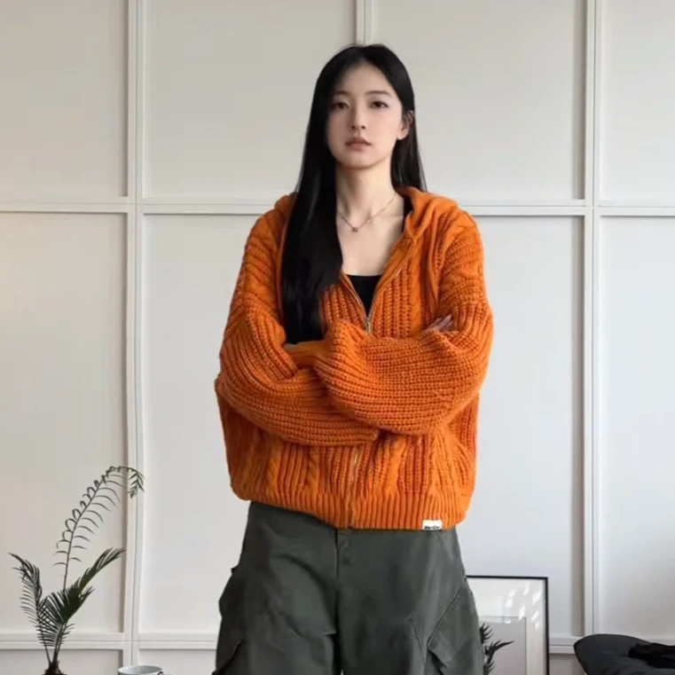 小ban 美式小众慵懒风麻花针织连帽毛衣男女同款宽松多巴胺外套