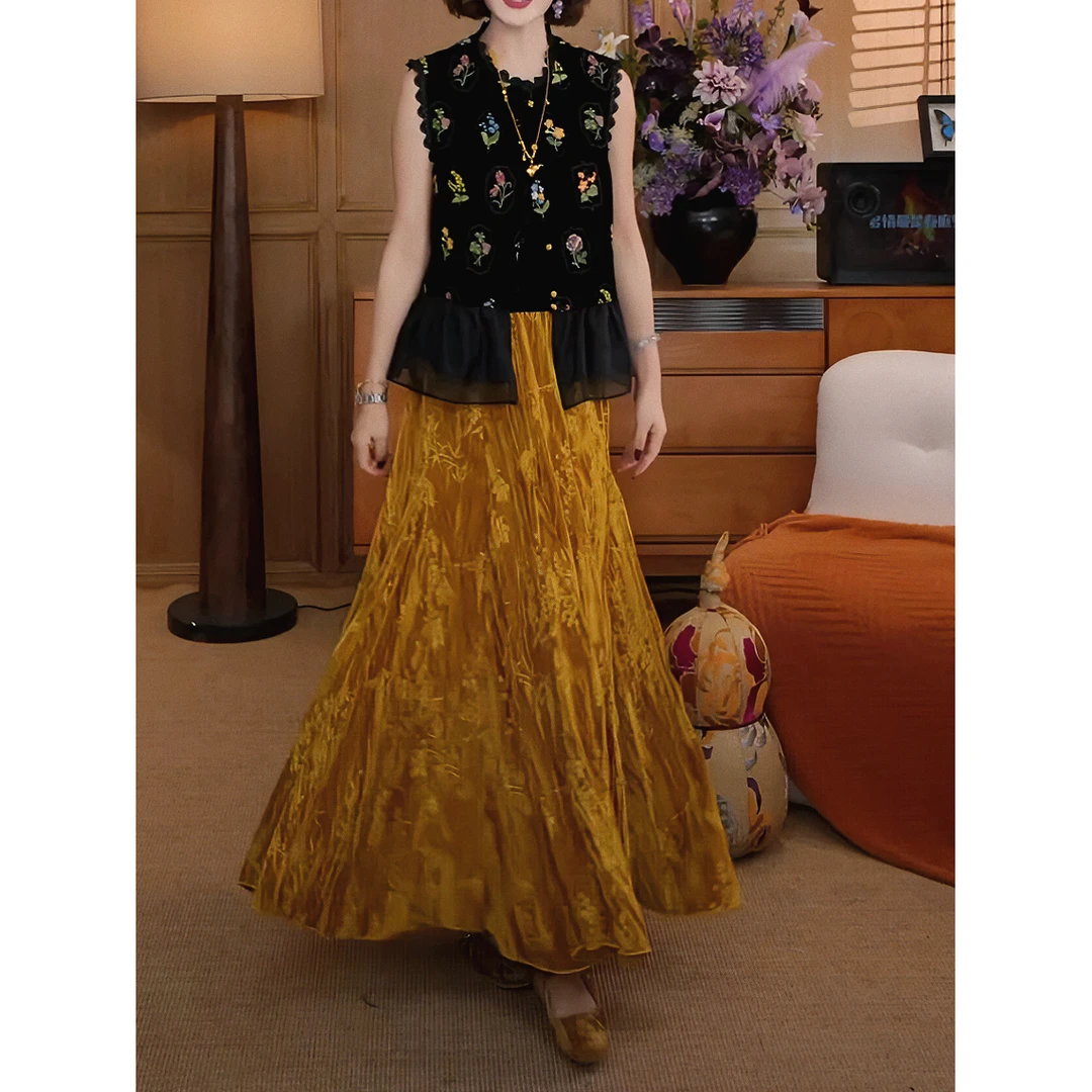 2025秋冬新款新中式国风复古丝绒鱼尾大裙摆高腰气质显瘦半身裙女