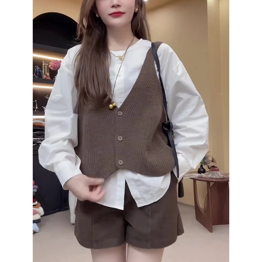 韩系长袖POLO领单排扣棕色马甲白色上衣女2025早秋休闲慵懒风衬衫