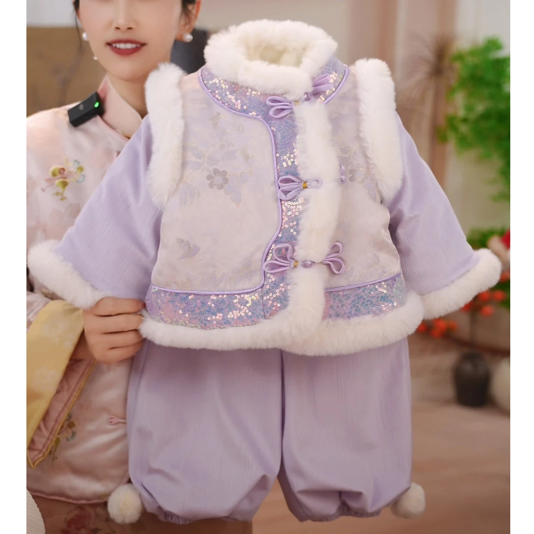 现货【梦蝶】SC777女童冬季国风加绒加厚新中式套装周岁拜年服