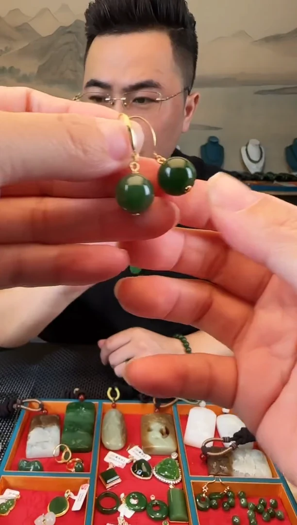 银S925镶嵌和田玉耳饰卡12