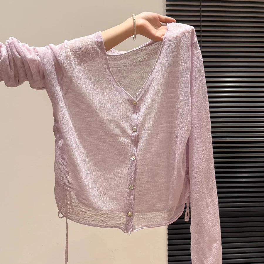 紫色V领防晒时尚长袖开衫女2025夏季新款气质抽绳设计感薄款上衣