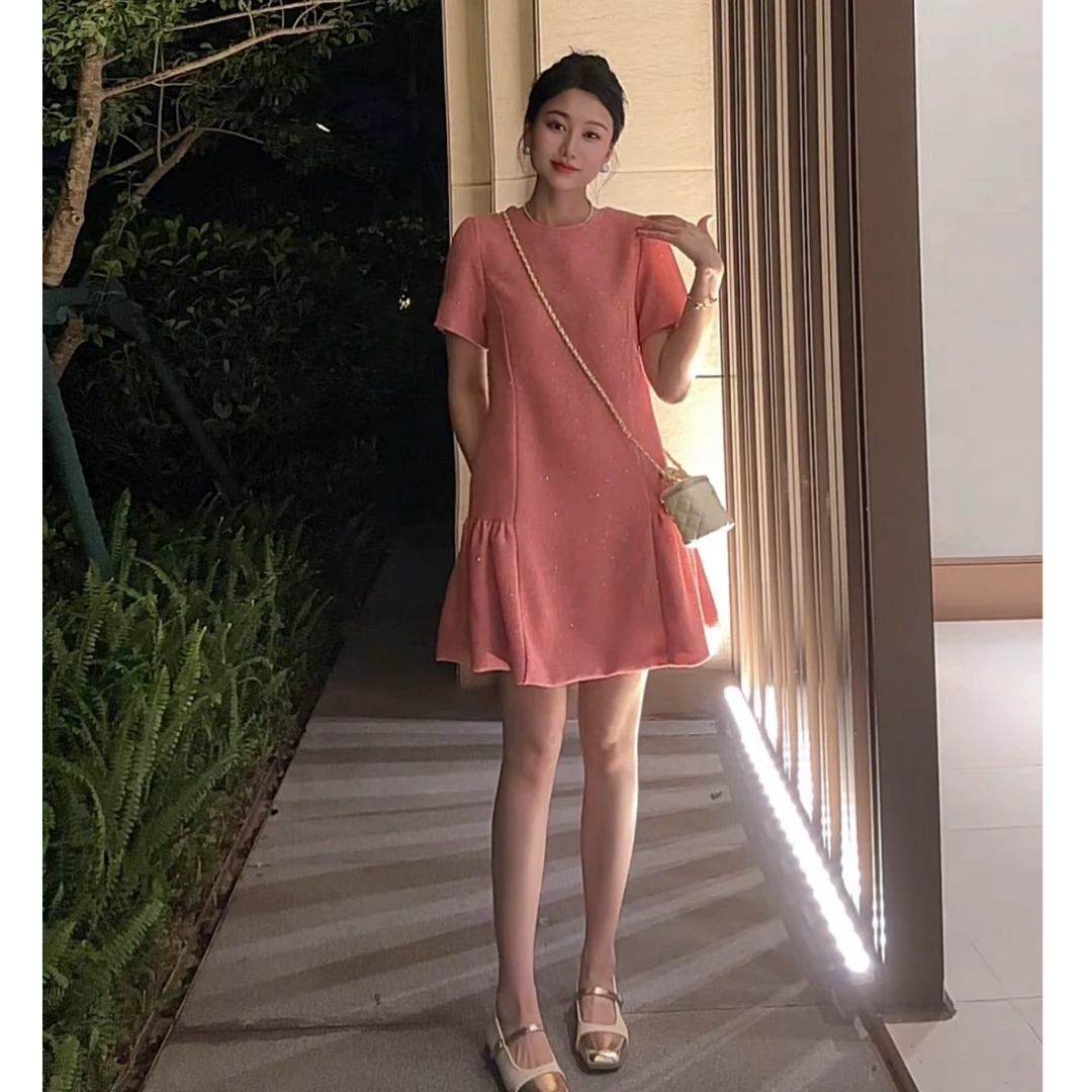 夏季新款粉色甜美短裙显瘦宽松连衣裙8039