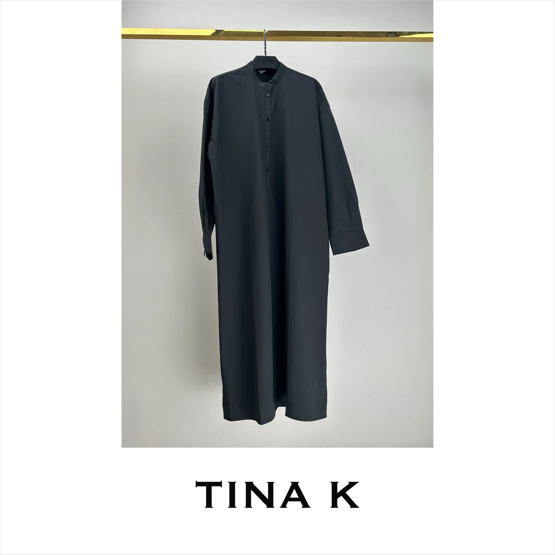 TinaK不对称门襟立领旋褶连衣裙LY225061