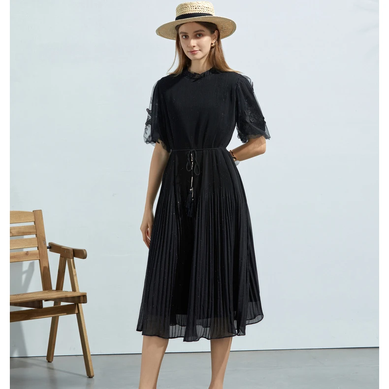 S·DEER圣迪奥女装连衣裙蕾丝显瘦气质时尚夏季黑色收腰连衣裙