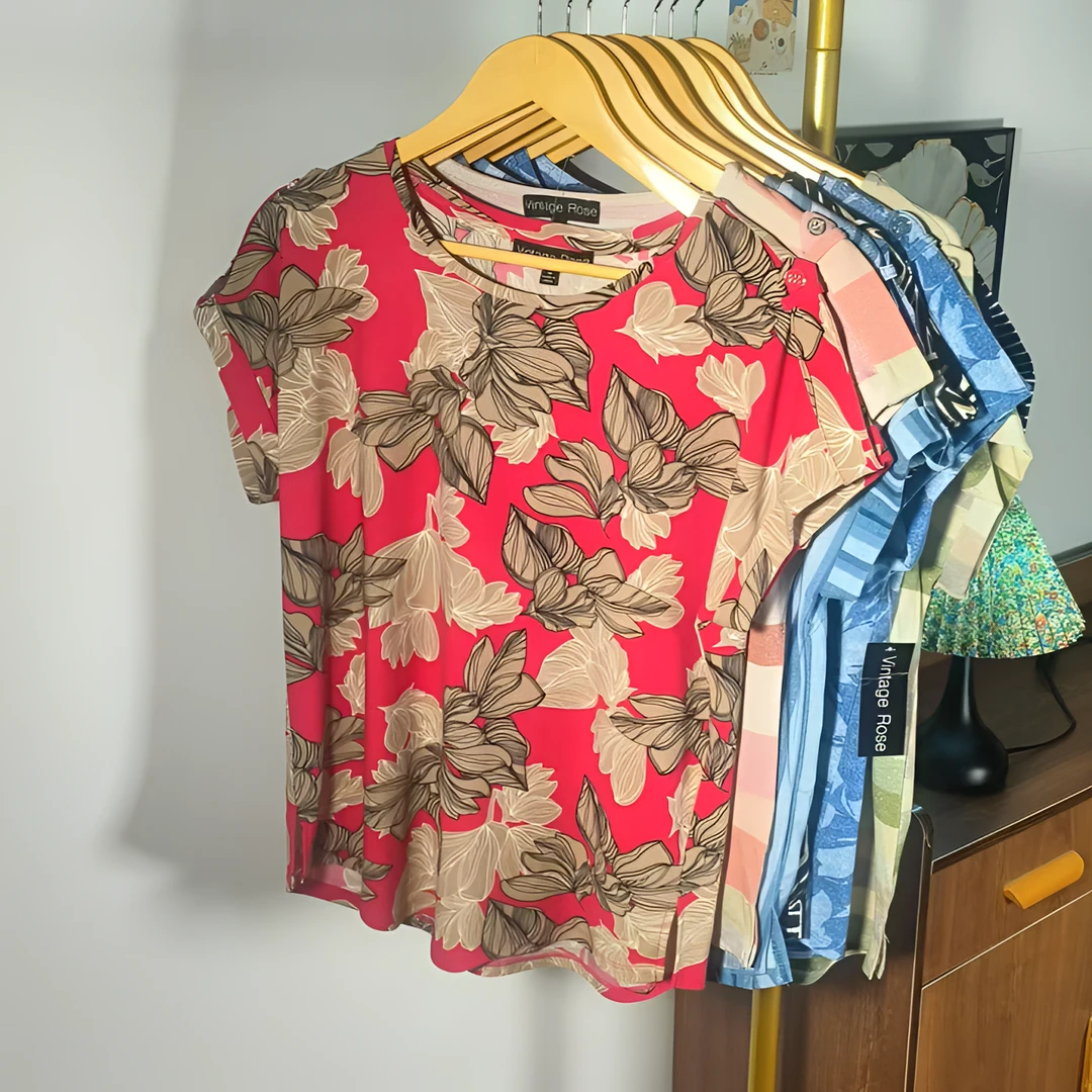 中老年女装气质薄款圆领衬衫植物花卉女装夏季碎花0804