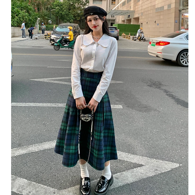 3531(半身裙)大码女装胖MM格子小香风设计A字毛呢半身裙2575