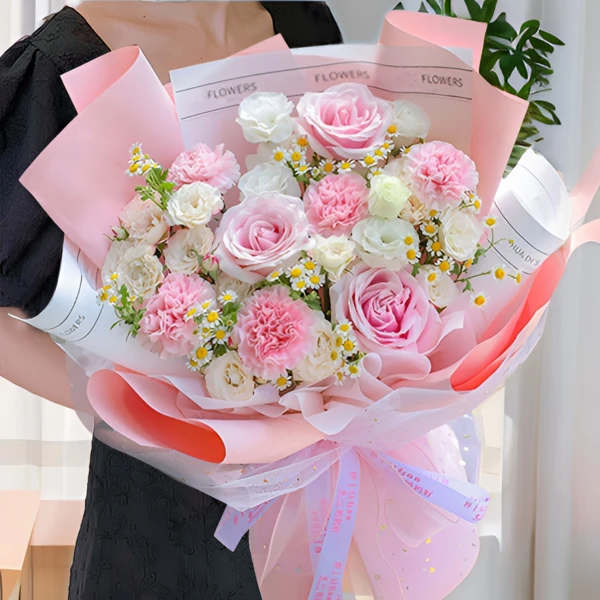 母亲节鲜花3朵粉玫瑰花5朵康乃馨洋桔梗混搭鲜花束送女友闺蜜妈妈节日惊喜花店送花上门