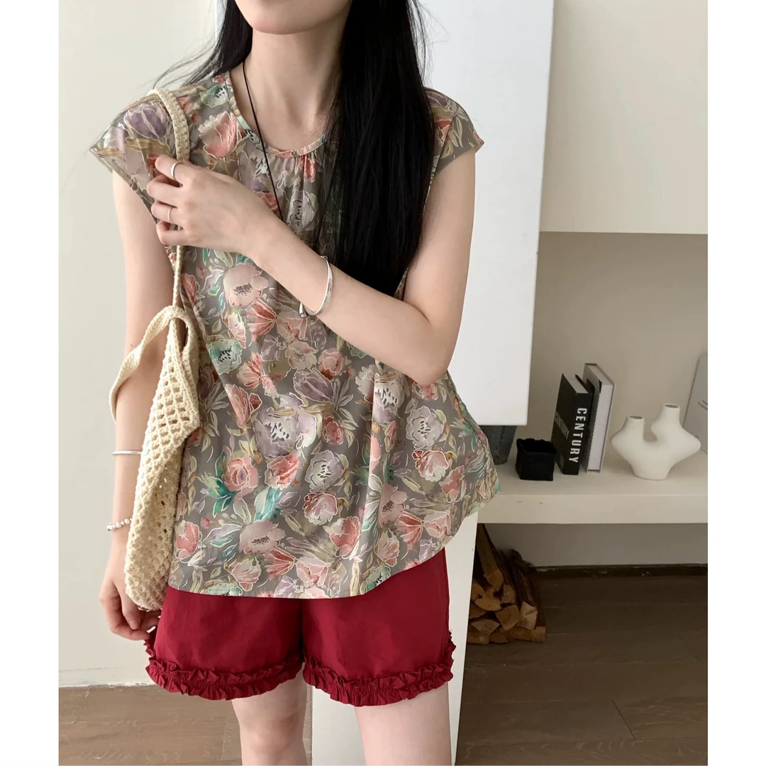 无印心匠D88169-2圆领碎花夏季短袖衬衫+纯色短裤 两件套K720