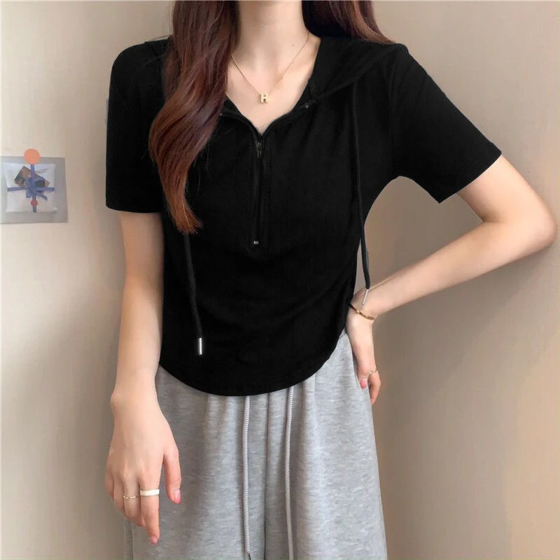 【亏本清仓】短袖卫衣夏季新款设计感气质显瘦百搭连帽上衣