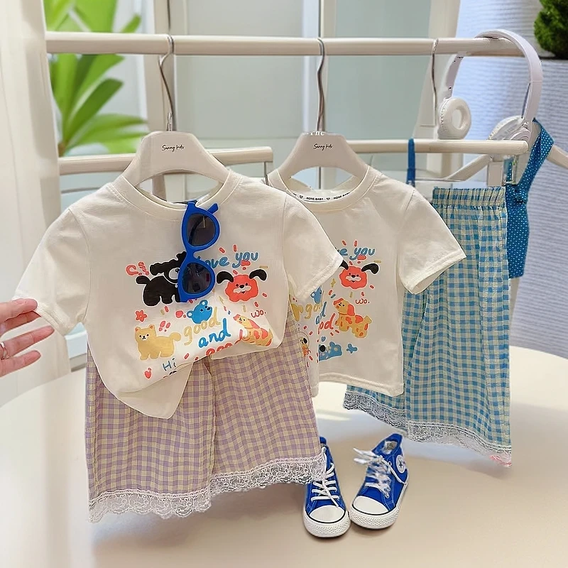 卡通动漫女百搭男童套装韩版字母女童格子夏季印花中性童装