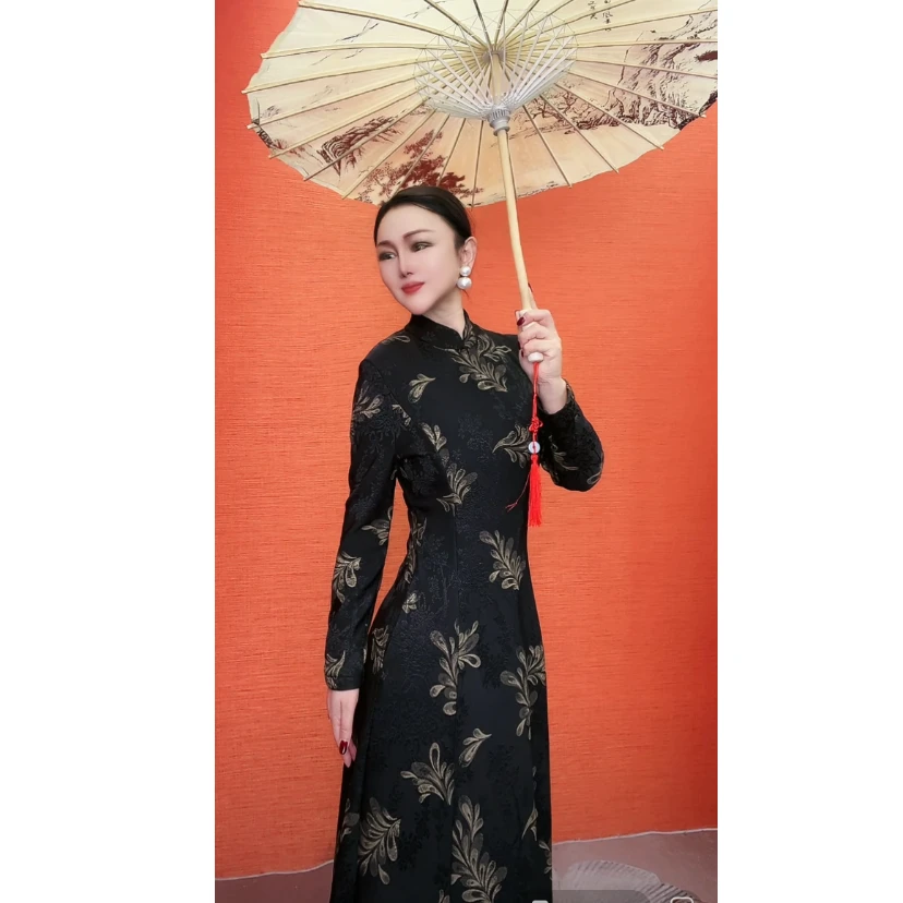 冬季新款黑色提花加绒加厚修身旗袍裙长款复古气质