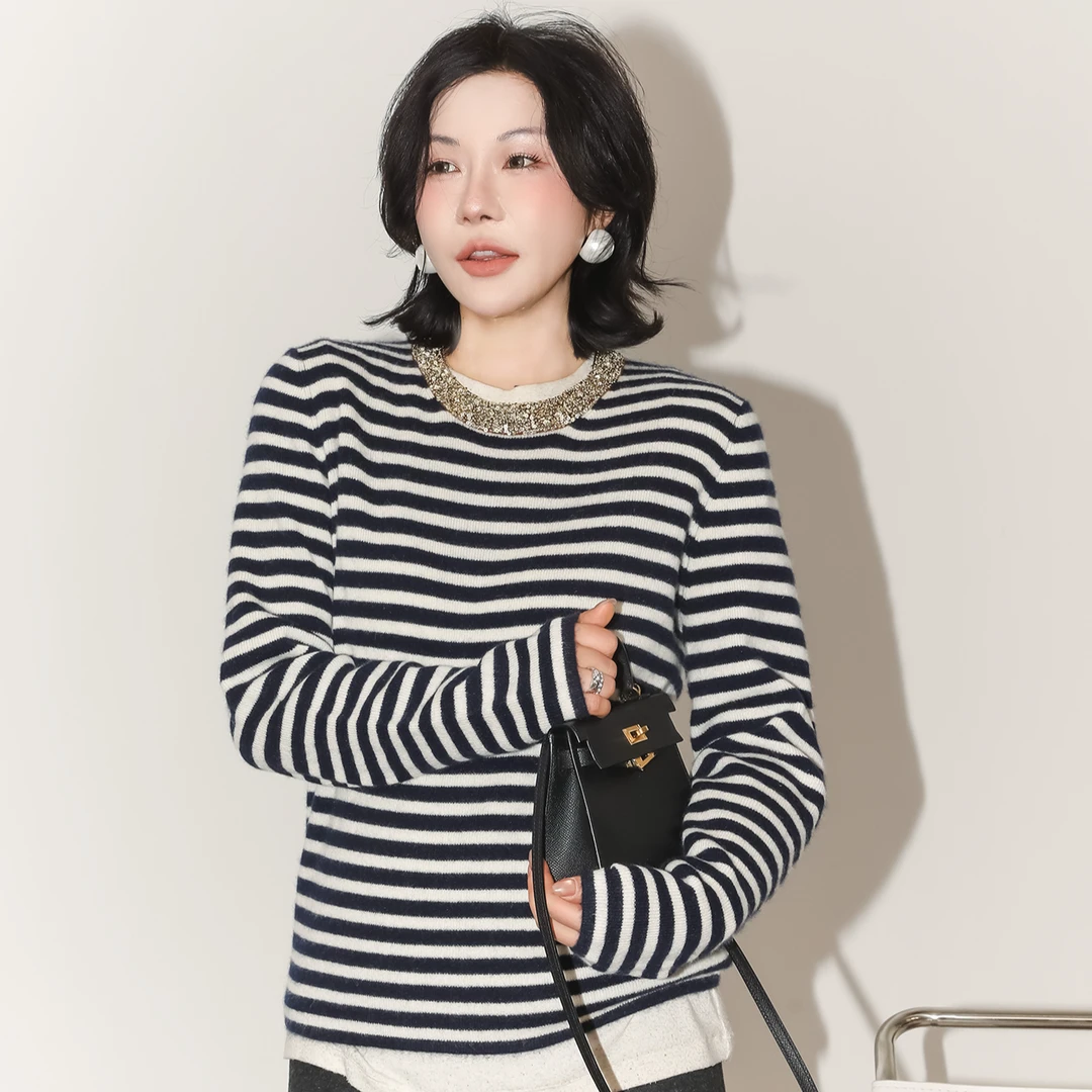 PENNYPENG巴黎日记 珠片圆领羊绒设计感老钱风经典复古条纹套头衫