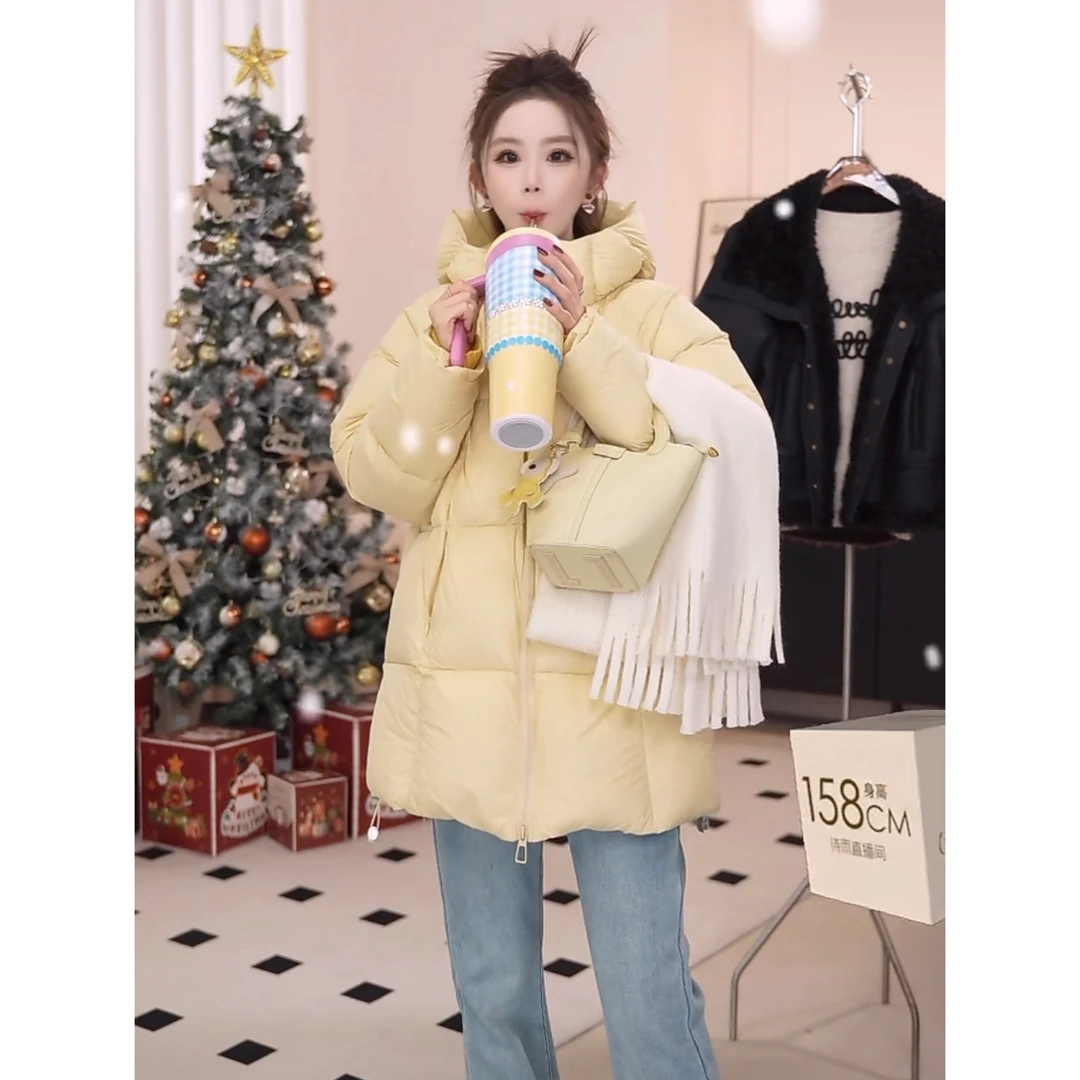 云感轻柔新国标90白鸭绒中长款连帽宽松版韩版羽绒服