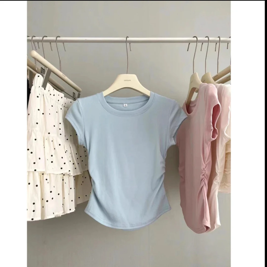 （AN）2025夏季新款圆领上衣甜妹纯欲风小蛮腰修身褶皱短袖T