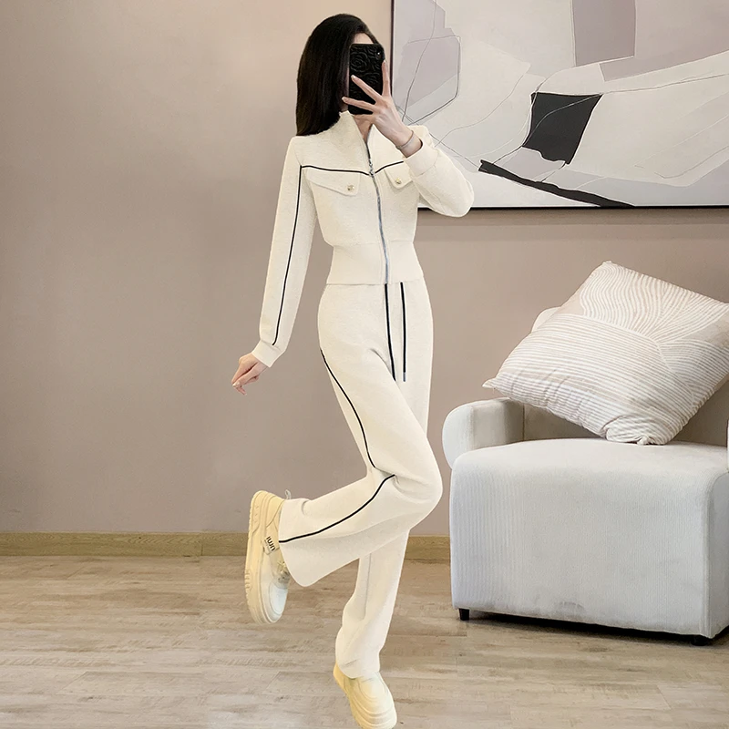 洋气休闲装新款时尚运动套装女显瘦卫衣白色加长阔腿裤两件套