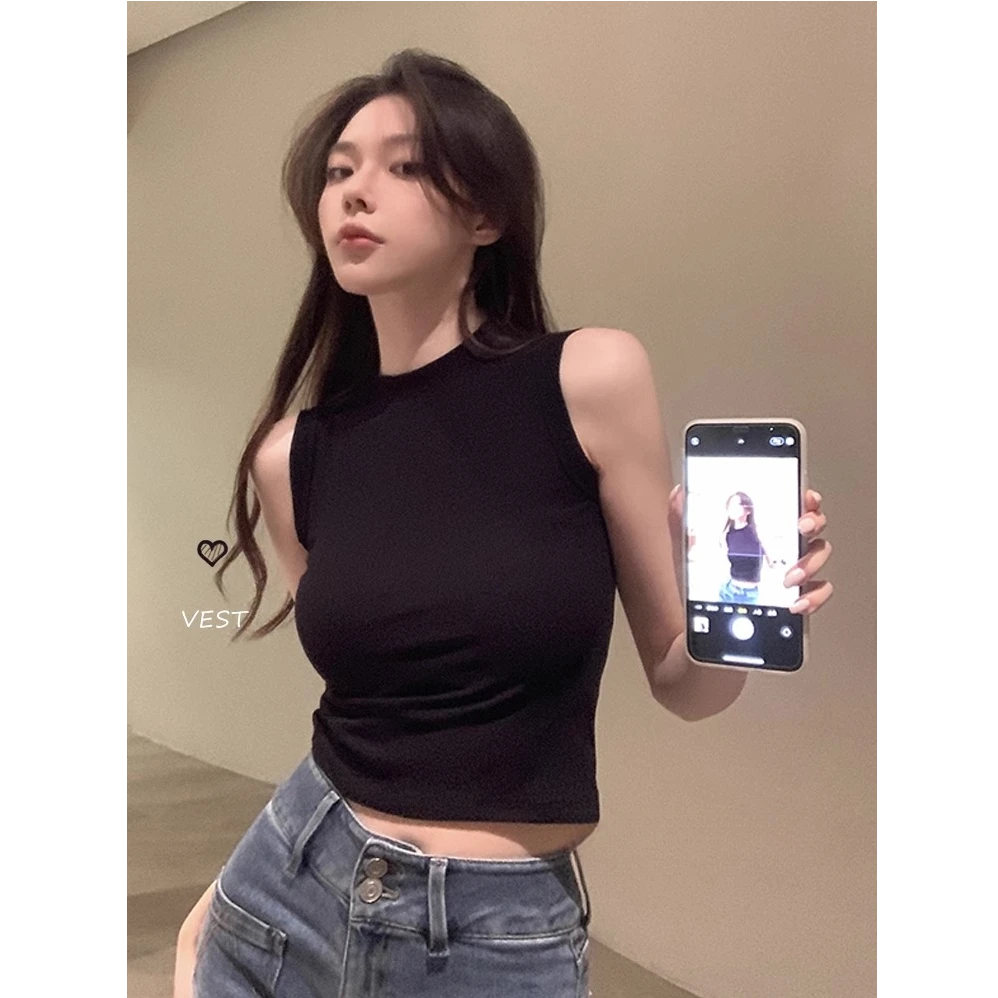 黑色紧身无袖背心夏季新款辣妹气质修身显瘦时尚齐腰短款上衣女潮