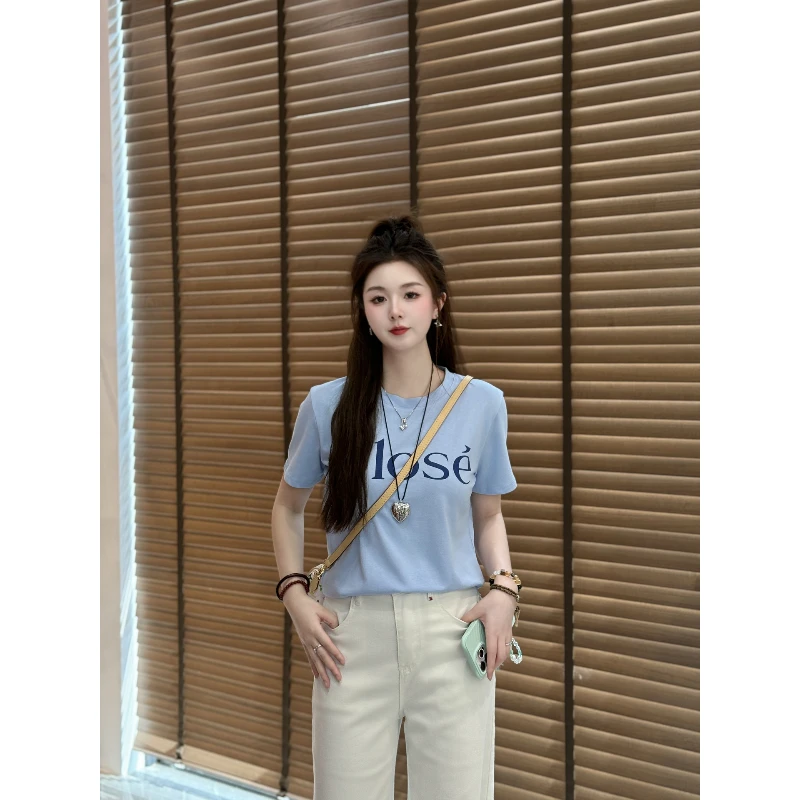 宿慕SUMU女装字母印花短袖T恤2025新6-19舒适百搭圆领字母T恤1226
