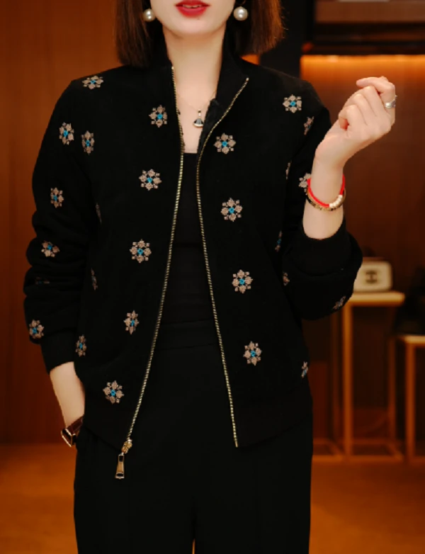 雪花刺绣-新款双面穿加绒印花气质上衣外套百搭显瘦时尚