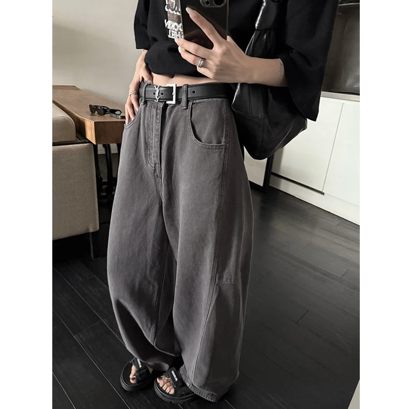 小个子灰色廊型弯刀工装裤辣妹休闲阔腿拖地长裤百搭香蕉牛仔裤女