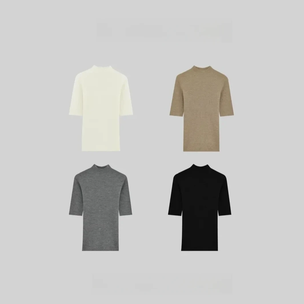 【100%精纺羊毛可机洗 】抗起球中袖半高领坑条针织衫1101