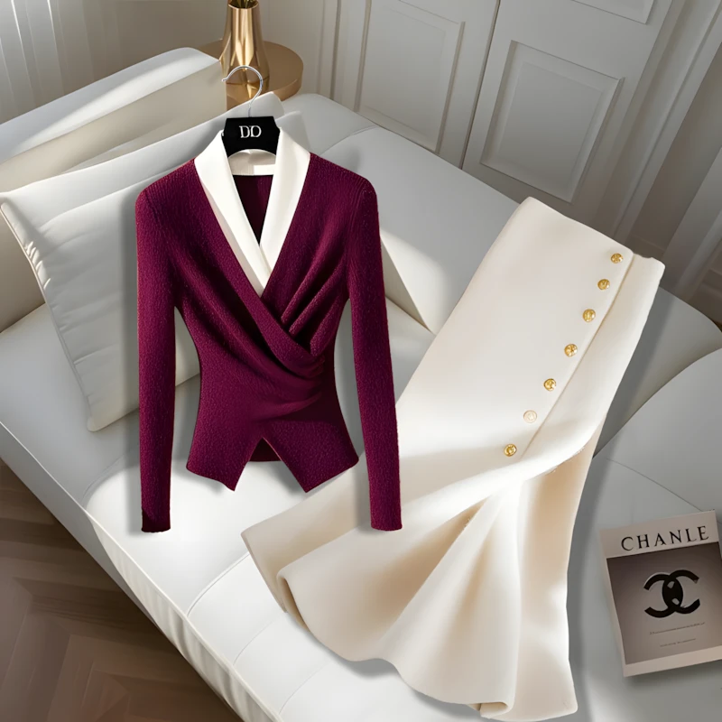 2025年秋季新款高级感超好看假两件红色毛衣鱼尾针织半身裙套装女