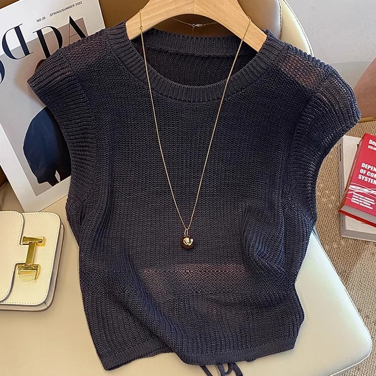 法式甜美软糯圆领无袖针织衫女2025春夏新款减龄漂亮小衫短款上衣