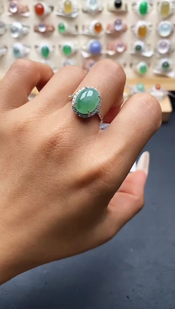 银S925镶嵌戒指翡翠缅甸天然A货翡翠1 8-8