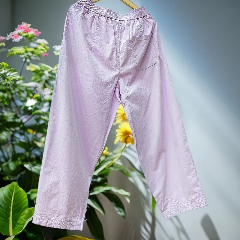 【7185】宽松口袋设计纯色松紧垂感休闲直筒裤女夏季薄款